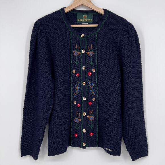 Vtg Giesswein Wool Cardigan Womens 14 Navy Blue Antler Button Mushrooms Austrian - Picture 2 of 11